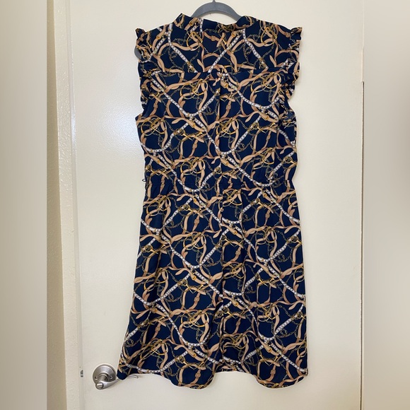 Navy Blue Chain Print Cap Sleeve Dress - Picture 3 of 4
